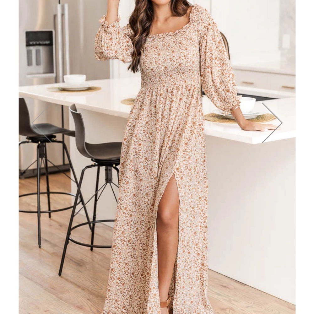 Pink Lily L Maxi Dress, long sleeves and smocked top with slit down side